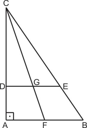 Triângulo retângulo ABC com D/E/F/G, segmentos internos e marca de ângulo reto em A.