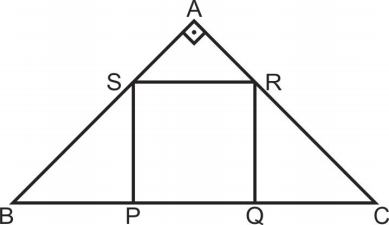 Triângulo ABC retângulo em A, com quadrado PQRS inscrito.