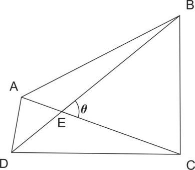Quadrilátero ABCD, intersecção E das diagonais e ângulo teta.