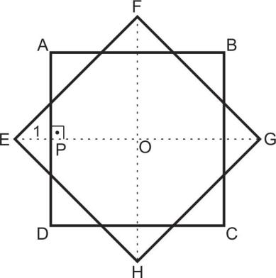 Quadrados ABCD/EFGH com centro O, ponto P, EP=1, linhas tracejadas e marca de ângulo reto.