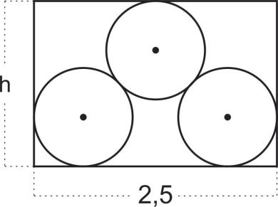 Três seções circulares dos troncos em retângulo, com centros, altura h e largura 2,5.