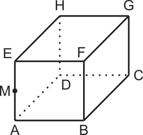 Cubo A/B/C/D/E/F/G/H com ponto M na aresta AE e arestas ocultas tracejadas.