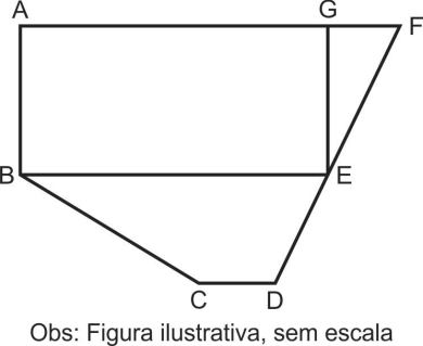 Retângulo ABEG, trapézio BCDE, prolongamentos até F e legenda Obs: Figura ilustrativa, sem escala.