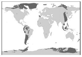 Mapa-múndi com áreas escuras que indicam pontos em terra firme cujos antípodas também estão em terra firme.