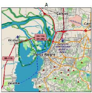 Imagem da sequência A a D com rótulo original, localidades e diferentes extensões da região de Porto Alegre.