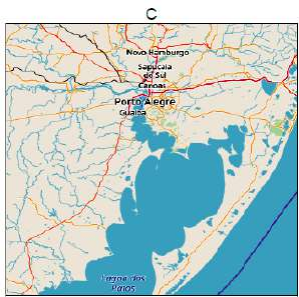 Imagem da sequência A a D com rótulo original, localidades e diferentes extensões da região de Porto Alegre.