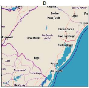 Imagem da sequência A a D com rótulo original, localidades e diferentes extensões da região de Porto Alegre.